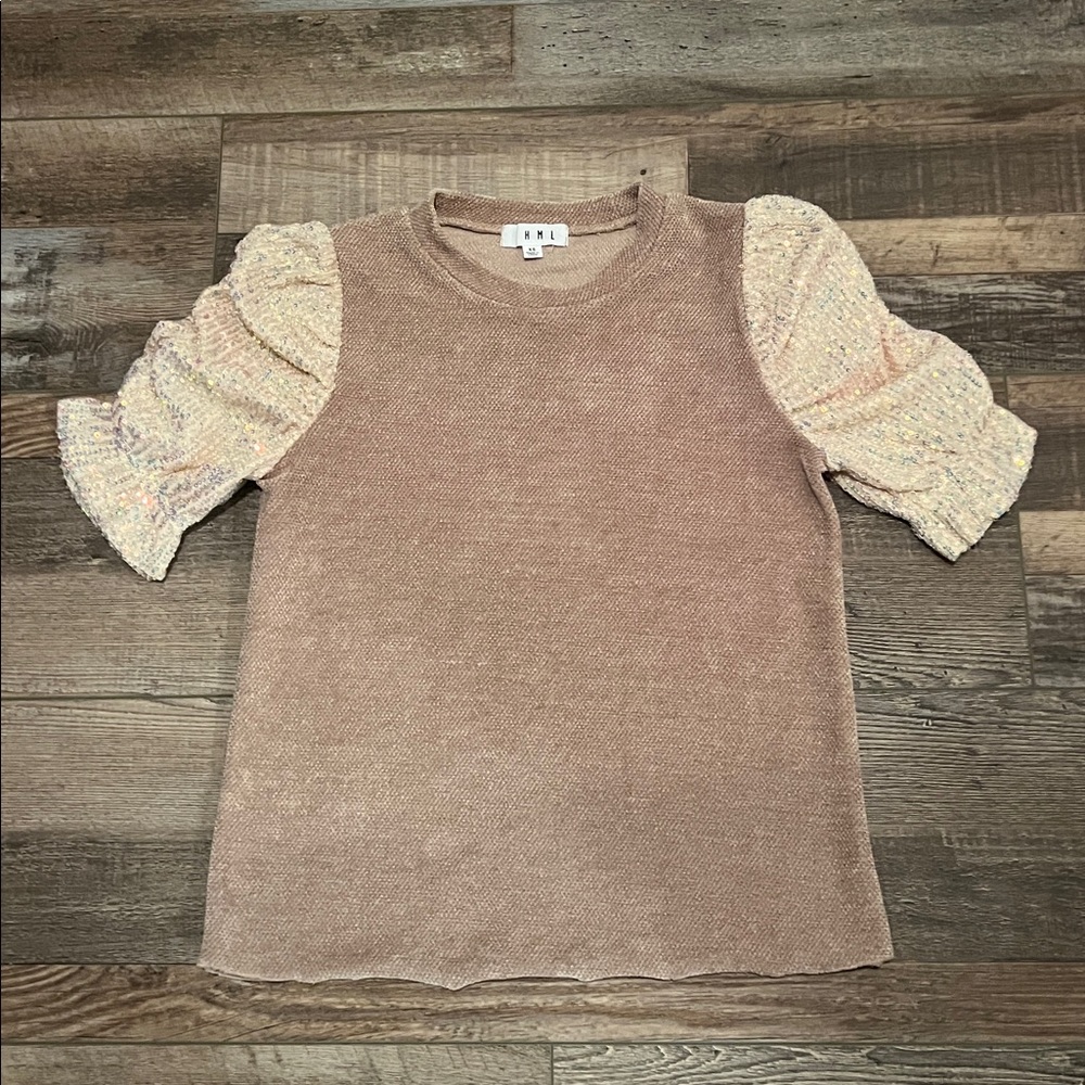 THML Tan Blouse with Cream Textured Sleeves